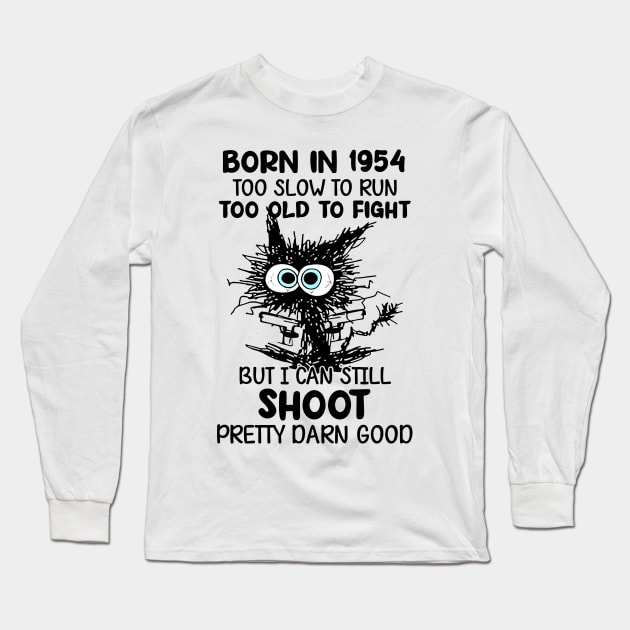 Black Cat Born In 1954 Too Slow To Run Too Old To Fight Long Sleeve T-Shirt by cogemma.art